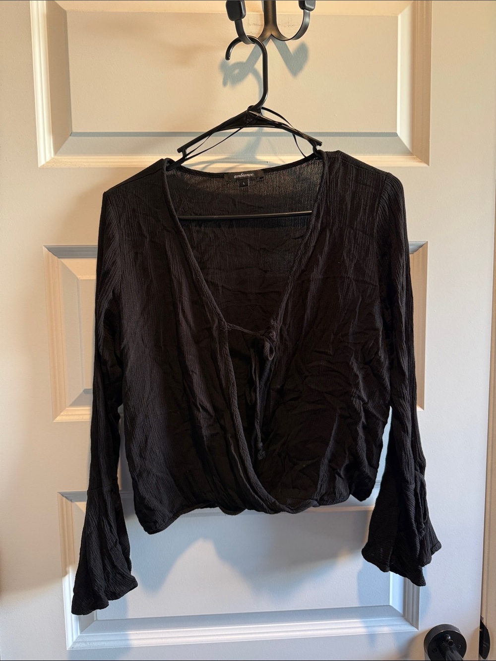 Ambiance Black Cropped Wrap Blouse with Tie Front